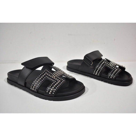 Hermes Chypre Sandal Black Silver Studded Stud H Logo Slide Slip On Flat 37.5 - Picture 4 of 12
